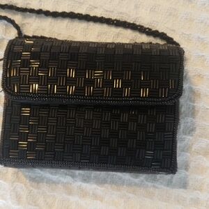 Source Unknown Black Beaded Woven Satchel with Gold Accents